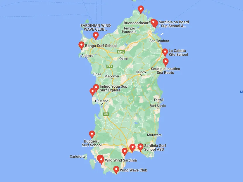 Mappa Scuole Surf Sardegna