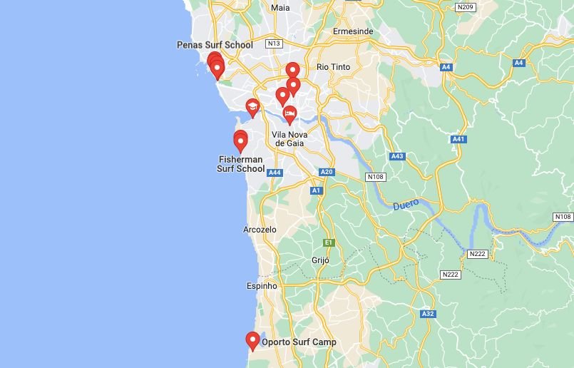 Mappa Scuole Surf a Porto in Portogallo