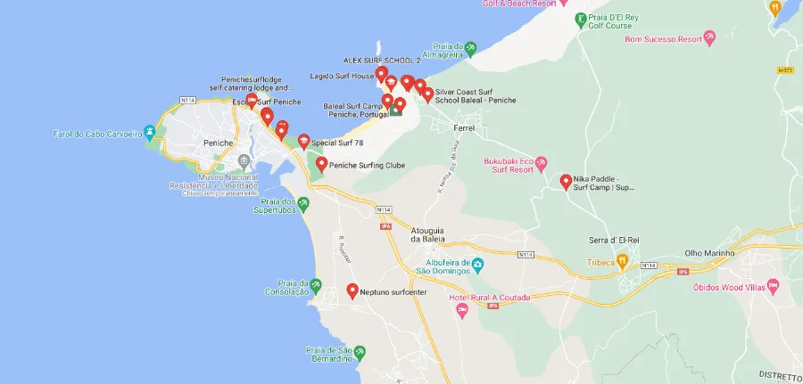 Mappa scuole surf a Peniche